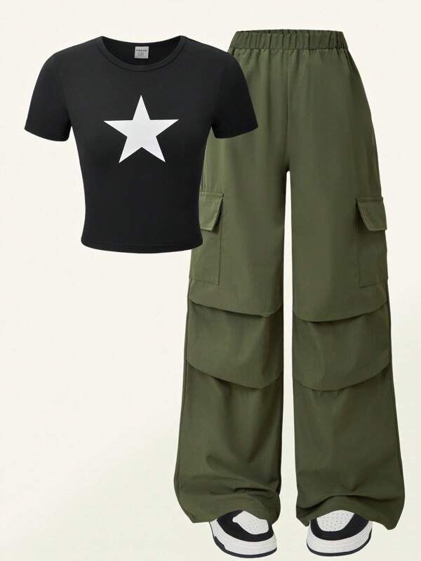 SHEIN Explorewe Set de 2 piezas con camiseta de manga corta cuello redondo con estampado de estrellas y pantalones cargo plisados para niñas preadolescentes