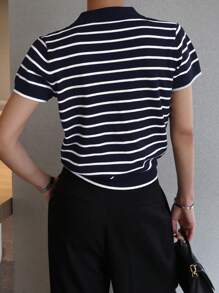 DAZY Women's Collared Striped Pullover Short Sleeve Sweater - Navy Blue - View 4