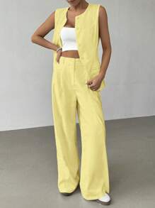 SHEIN EZwear Ensemble 2 pièces en lin pour femmes, jaune, décontracté pour les tenues de bureau d'été pour femmes, tenue professionnelle pour femmes d'affaires, vêtements pour femmes professionnelles en automne/hiver - Jaune citron - Voir 5