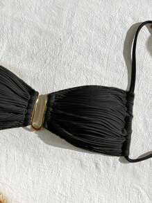 SHEIN Swim Women's Solid Color Textured Summer Beach Bikini Top - Black - View 5