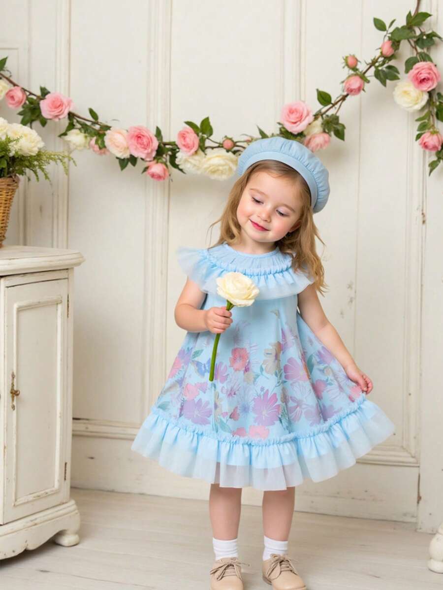SHEIN Vestido azul dulce de fantasía para niñas con intrincado ribete de volantes, falda con estampado floral en floración, estilo de princesa de cuento de hadas para fiestas, actuaciones y diversas ocasiones - Azul - Ver 1
