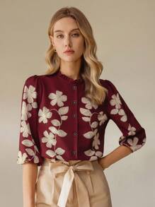 SHEIN Clasi Áo cánh tay bồng họa tiết hoa thanh lịch dành cho nữ khi đi làm - Nhiều màu - Xem 7