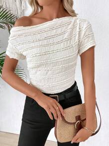 EMERY ROSE 1 Peça Camiseta de Manga Curta com Ombros Oblíquos e Cor Sólida para Mulheres, Minimalista e Elegante para o Verão - Branco - Visão 1