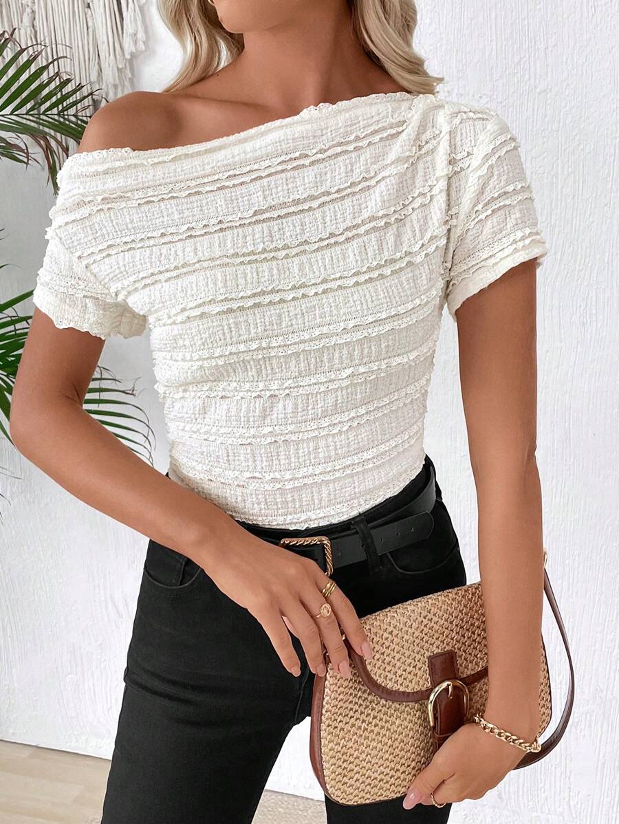 EMERY ROSE 1 Peça Camiseta de Manga Curta com Ombros Oblíquos e Cor Sólida para Mulheres, Minimalista e Elegante para o Verão - Branco - Visão 1