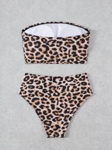 Swim Vcay Leopardtryckt Ruched Bandeau-topp och hög midja bikiniunderdel, 2st Beach Vacation Bikini Set - Multifärgad - Visa 5
