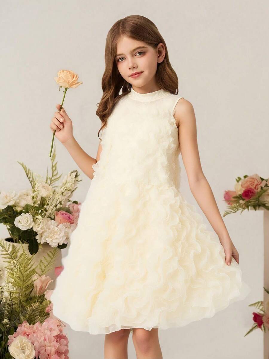 Tween Girls Solid Sleeveless Stand Collar 3D Ruffle Elegant Summer Dress - Apricot - View 1