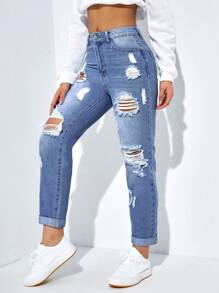 SHEIN EZwear 女式破洞高腰带口袋七分牛仔裤，夏季 - 藍色 - 查看 5