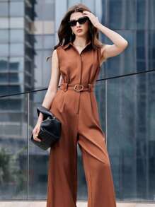 BizChic 2025 Summer New Music Festival Party Look, Versatile Spring/Summer Fashion, Suitable For Weddings, Brunch, Casual/Work Outfits, Office, Date - Women Elegant Sleeveless Jumpsuit With Shirt Collar, Metal Buckle Belt, Brown - Coffee Brown - View 11