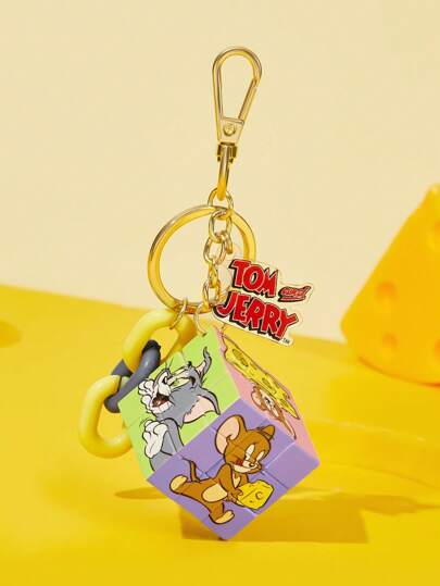 TOM & JERRY X SHEIN 可旋转彩色魔方钥匙扣，可爱卡通猫和老鼠设计包包挂饰