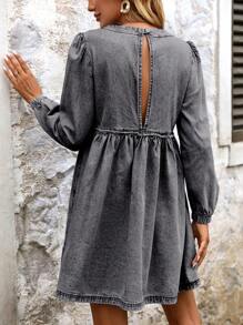 SHEIN Tall Tall Fashion Round Neck Frayed Hem Long Sleeve Washed Denim Dress