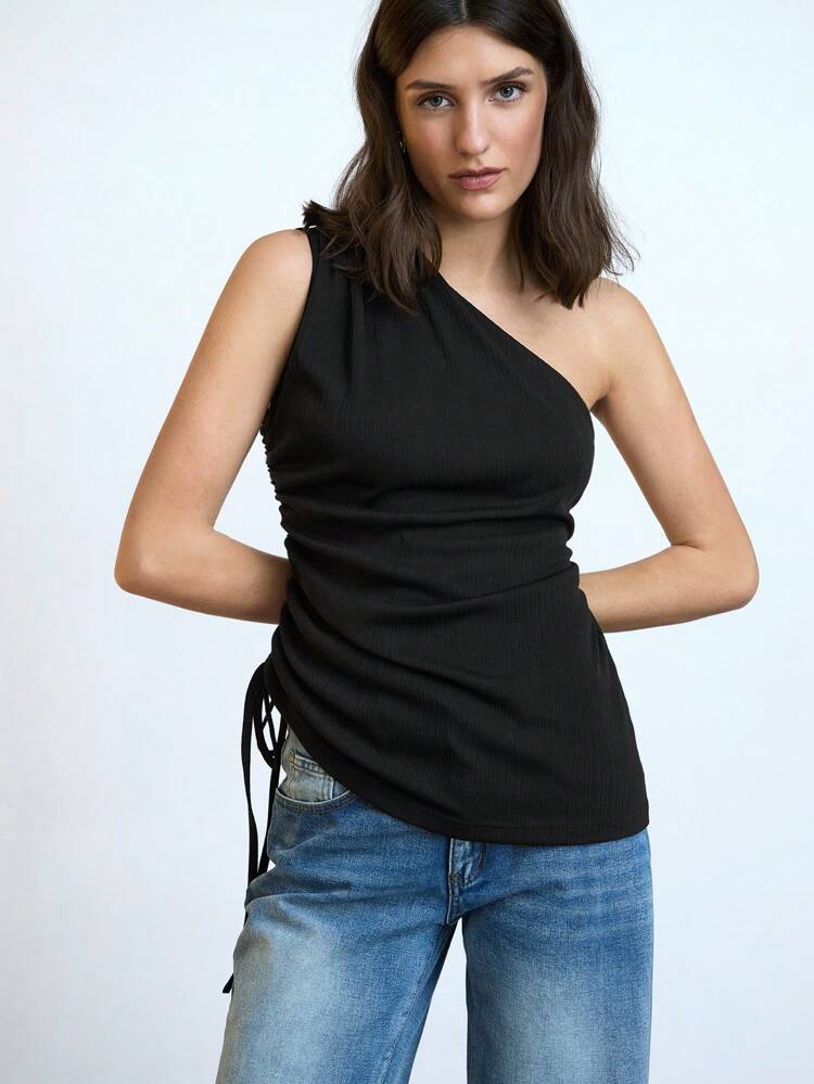 SHEIN Maija 2025 Summer New Black Asymmetric Hem Side Drawstring Bowknot Spaghetti Strap Side Slit Tank Top, Women Casual Beachwear, Daily Wear, Formal Occasion, Music Festival, Graduation, Suitable For Independence Day, Mother's Day , Asymmetrical Top