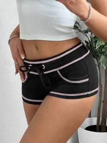 SHEIN EZwear Ladies' Colorblock Drawstring Shorts With Outer Seam Detail For Daily Wear