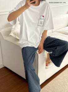 HELLO KITTY | DAZY 女式可爱线条口袋印花上衣和格子休闲睡裤套装 - 白色 - 查看 6