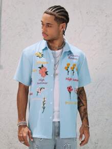 ROMWE MEN Casual 男士休闲花卉印花纽扣前短袖衬衫，夏季