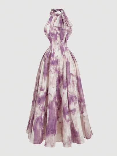 SHEIN MOD Stand Collar Bowknot Cinching Waits-Dye Maxi Dress Purple, Rave,Graduation ,Romantic ,Summer ,Festival,Country Outfits,Beach Vacation Wear,Tea Party ,Modest ,Prom ,Lavender Hawaiian  Dress,Sun Dresses For Women,Bohemian Clothes