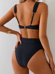 SHEIN 2pcs Set New Solid Color Metal Accessory Halter Bikini High Waist Swimsuit, Beach Vacation Bikini Set - Black - View 2
