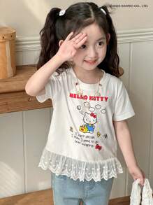 HELLO KITTY | DAZY 女童蕾丝拼布印花短袖针织圆领 T 恤，年轻女孩夏装 - 白色 - 查看 7