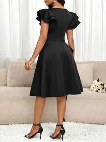 SHEIN Lady 女士纯色水钻装饰腰部中长连衣裙，夏季时尚 - 黑色 - 查看 4