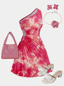 SHEIN 少女优雅度假扎染印花不对称褶饰无袖连衣裙 - 玫紅色 - 查看 4