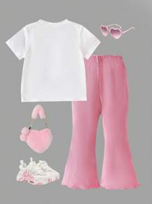 女宝宝夏季休闲韩版可爱圆领短袖花朵印花上衣T恤针织罗纹喇叭裤套装