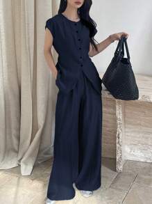 DAZY 2pcs/Set Women Casual Solid Color Front Button Short Sleeve Shirt And Long Pants Set, Summer Linen - Navy Blue - View 5