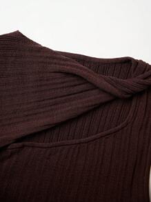 Chiquease Women's Elegant Summer Vacation Plunging Neck Hollow Out Knit Blouse - Coffee Brown - View 3