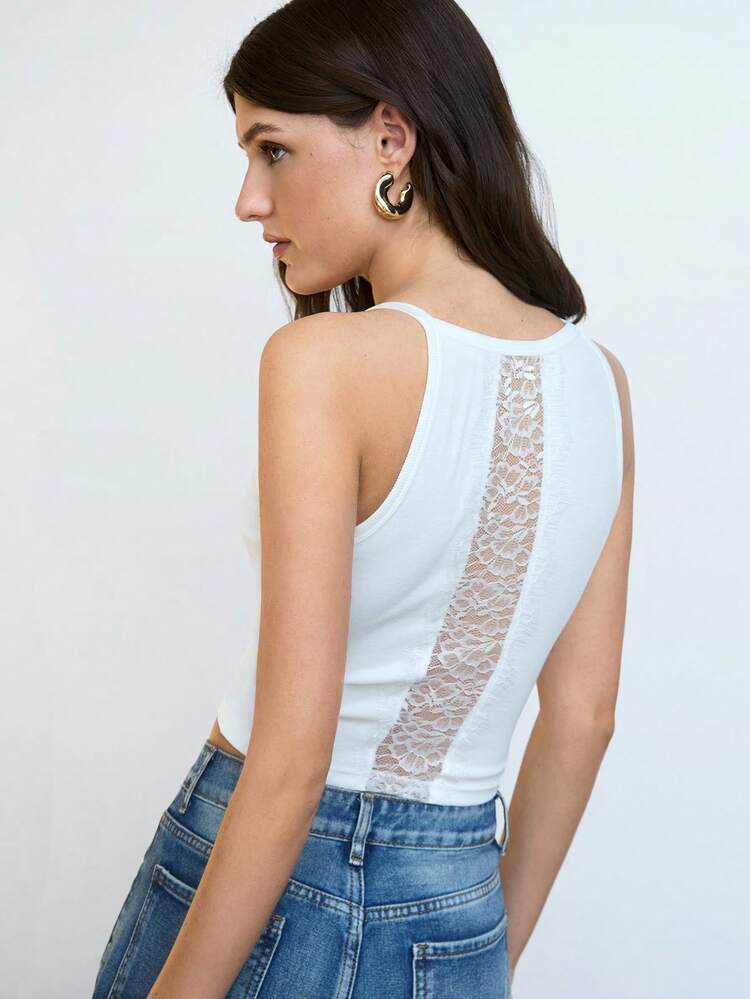 SHEIN Maija 2025 Summer New Women's U-Neck Backless Sexy Lace Patchwork Fine Rib Knit Adjustable Strap Tank Top, Elegant For Commute, Daily, Romantic, Casual, Beach, Party, Wedding Guest, Music Festival, Independence Day, Graduation, Cute Top