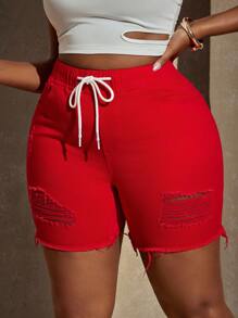 SHEIN SXY 大码休闲纯色牛仔短裤 - 紅色 - 查看 4