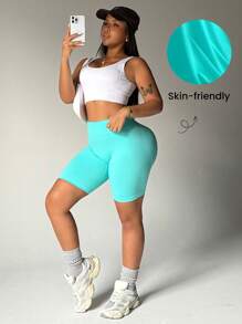 Easithlete Plus Size Women's Solid Color Elastic Waist Seamless Sports Shorts, Summer - Mint Blue - View 2