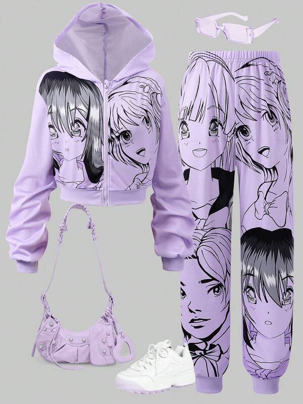 SHEIN 2pcs/Set Teenage Girls Cartoon Print Hooded Sweatshirt And Pants Outfit