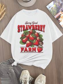 SHEIN LUNE Strawberry & Plants Graphic Printed Plus Size Women Loose Round Neck Short Sleeve T-Shirt - White - View 3