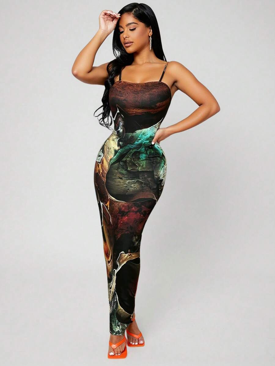 SHEIN SXY Elegant Sexy Fitted Maxi Marble Print Cami Dress Homecoming Dress,Summer Dresses For Women - Multicolor - View 1