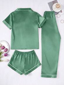 3 PiecesWomen's Contrast Color Trim Solid Color Faux-Silk Pajama Set - Dark Green - View 2