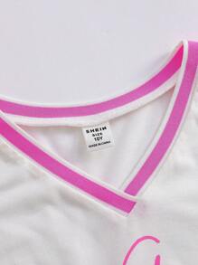 2pcs/Set Girls Street Sport Team T-Shirt + Bow-Decor Rib-Knit Pants, Sport Outfit - White - View 5