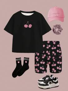 SHEIN Happikins Young Girl Casual Simple Short Sleeve Shorts 2 Pieces Set, Suitable For Summer