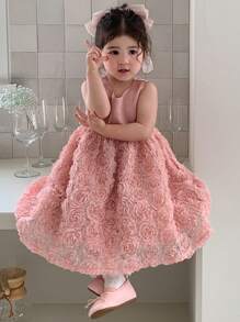DAZY Toddler Girls' Loose Floral Satin Mid-Length Round Neck Dress - Pink - View 7