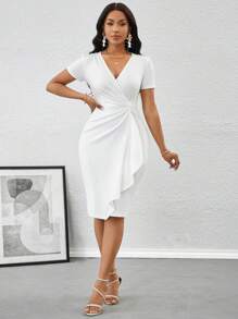 SHEIN Lady Abito midi da donna elegante con vita aderente e balze, vestito estivo adatto per compleanni ed eventi, ufficio, chiesa, matrimoni, vacanze, bianco