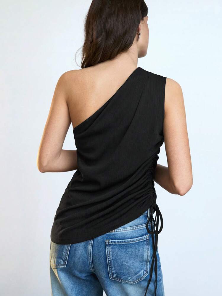 SHEIN Maija 2025 Summer New Black Asymmetric Hem Side Drawstring Bowknot Spaghetti Strap Side Slit Tank Top, Women Casual Beachwear, Daily Wear, Formal Occasion, Music Festival, Graduation, Suitable For Independence Day, Mother's Day , Asymmetrical Top