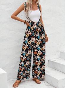 SHEIN LUNE Plus Size Floral Printed Sleeveless Jumpsuit, Suitable For Summer Vacation Graduation Outfit 4th Of July White Graduation - Multicolor - View 4