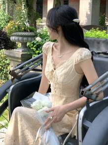 DAZY Lace V-Neck Tie Front Mid-Length Dress For Women Maxi Dress Vacation Outfits Women - Beige - View 7