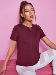 SHEIN Sports Solid Color Crossover Wrapped Design Short Sleeve Activewear T-Shirt, Summer