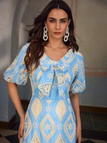 ZEYLAH Embroidered Lantern Sleeve Tie-Front Midi Dress - Blue - View 6