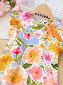 SHEIN Bohemian Floral Print, Tween Girl Casual Simple Ruffle Sleeve Dress, Suitable For Summer - Multicolor - View 4