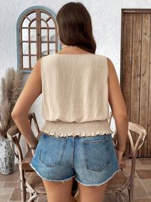 SHEIN LUNE 加大码纯色无袖圆领休闲基本款可爱上衣衬衫，适合春夏毕业典礼 7 月 4 日白色毕业典礼