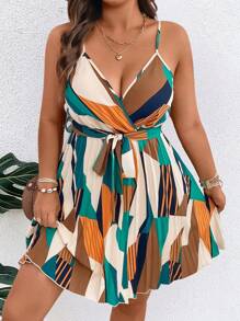Breezaya Vestito mini con fantasia geometrica, bretelline e volant sulla gonna, taglie comode per donna