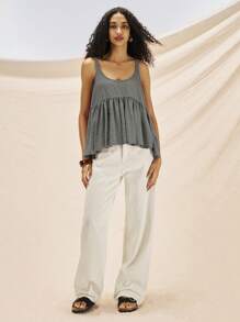 Easelle Summer Knit Vintage Washed Patchwork A-Line Tank Top - Grey - View 4