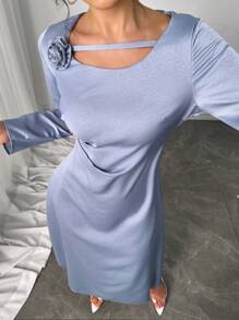 Modelyn 女式褶饰圆领花卉装饰腰带中长连衣裙 - 藍色 - 查看 6