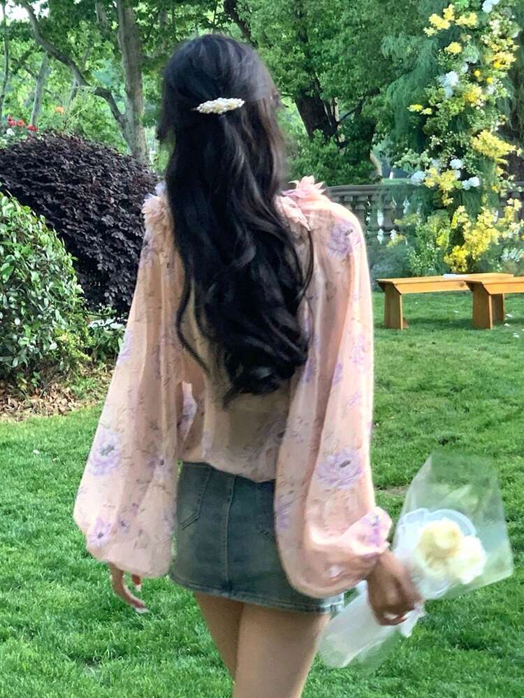 Ditsy Floral Casual Elegant Loose Long Sleeve Women Blouse For Summer Boho