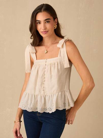 Enchnt Parte superior de camisola con decoración de lazo, encaje y botones en color albaricoque, estilo romántico francés, moda para el verano, apta para verano, dulce, vacaciones, salidas, uso diario, té de la tarde, y fiestas en el jardín