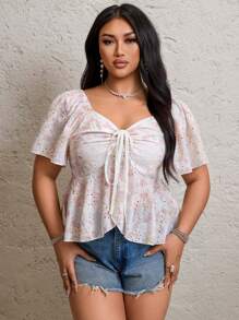 Flirla Plus Size Women's Summer Elegant Hollow Embroidery Drawstring Detail Sweetheart Neck Blouse - Multicolor - View 1